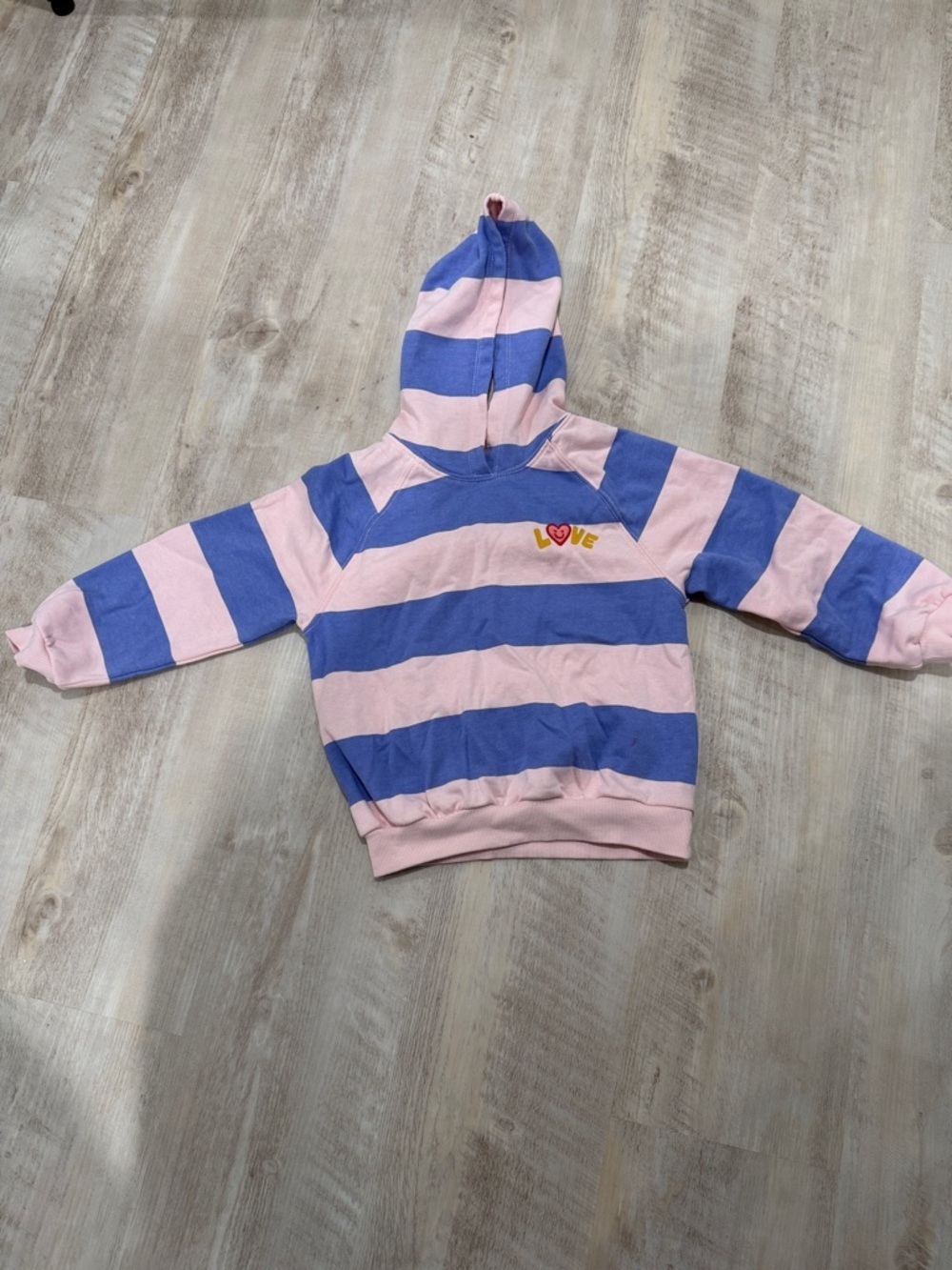 Old Navy Pink and Blue Striped Hooded Sweatshirt with LOVE Patch